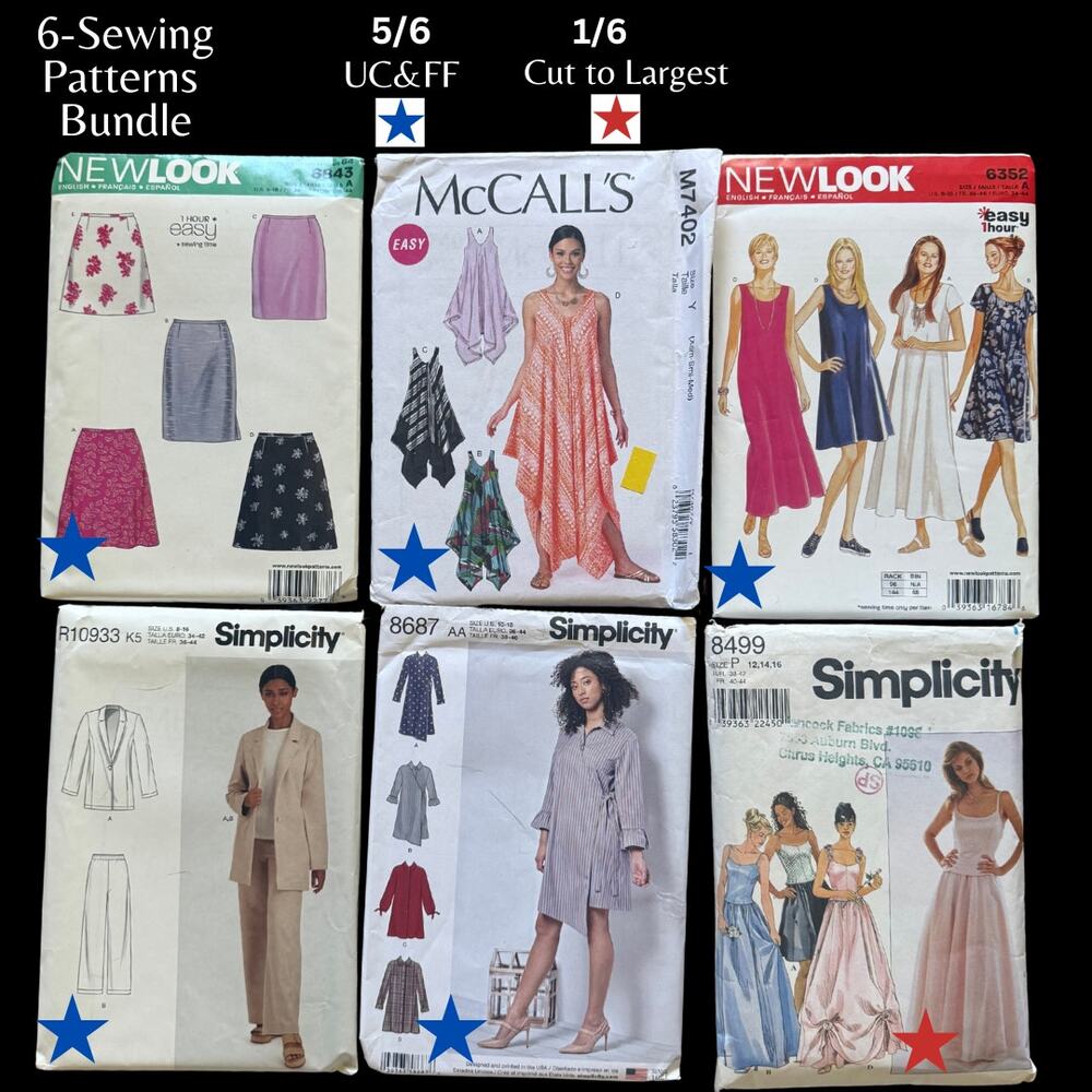 6-Sewing Pattern Bundle Lot Simplicity NewLook McCalls Mostly UC & FF Size ~8-16